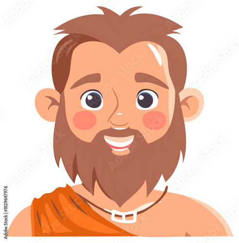 Cartoon Neanderthal Smiling Man With Beard, Hair, Necklace and Animal Skin