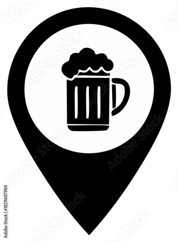 Beer Pint Icon in Location Pin Symbol for Pub or Bar Location on Map Navigation Black and White