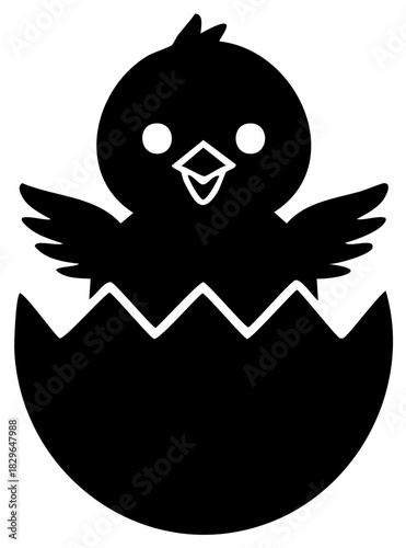 Cute cartoon chick hatching from an egg with wings spread open black silhouette