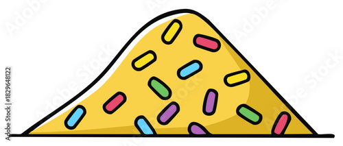 Stylized Yellow Geometric Shape with Colorful Sprinkles Scattered