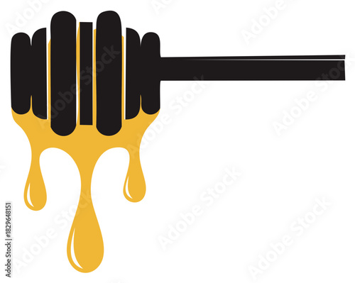 Graphic Honey Dipper with Dripping Golden Honey Design Vector Illustration, Honeycomb Symbol, Apiary Concept