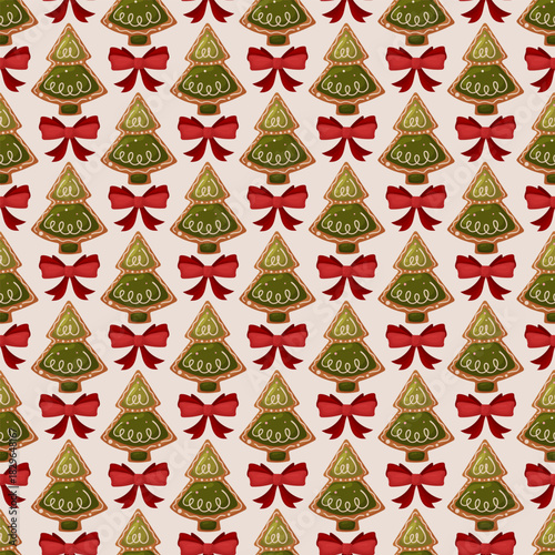Christmas Tree Cookie Pattern with Red Bows - Festive Seamless Design