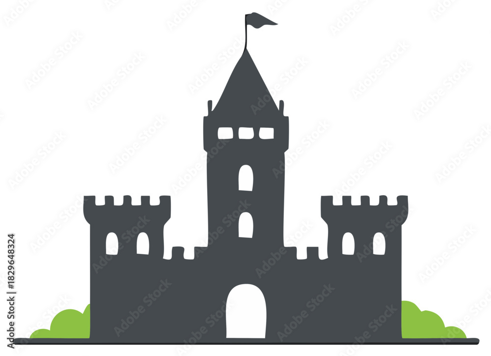 Obraz premium Simple whimsical fairytale castle illustration with flag and crenellated towers perfect for fantasy designs
