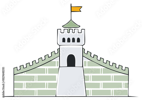 Cartoon illustration of a medieval castle fortress with crenellated walls and a central tower