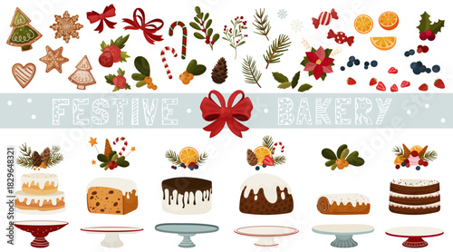 A large festive bakery clipart set featuring Christmas cakes, gingerbread cookies, berries, oranges, candy canes, bows, pine branches and decorative elements