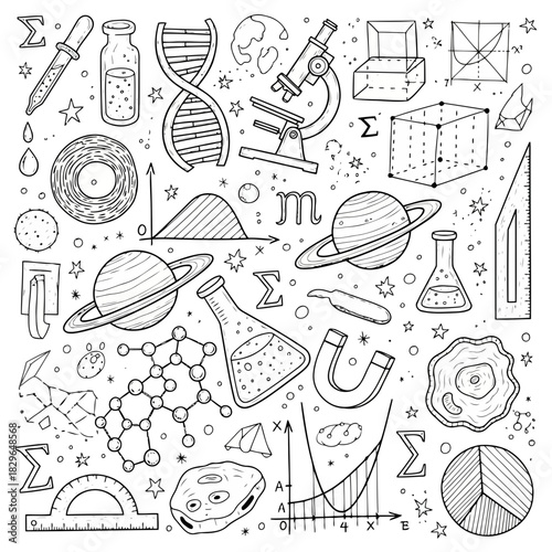 Scientific and educational icons including molecules, planets, dna, microscope, and mathematical symbols