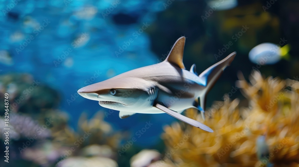 Fototapeta premium A Majestic Shark Swimming Gracefully Through Vibrant Coral Reef Ecosystem in a Clear Blue Aquarium Water