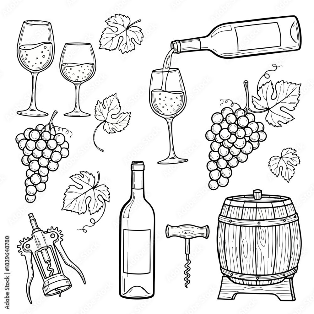 Obraz premium Black and white illustration of wine glasses, bottles, grapes, corkscrew, and barrel, representing wine and winemaking