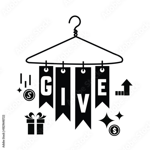 Monochrome flat icon representing charitable giving or donation, featuring the word give on ribbons hanging from a hanger