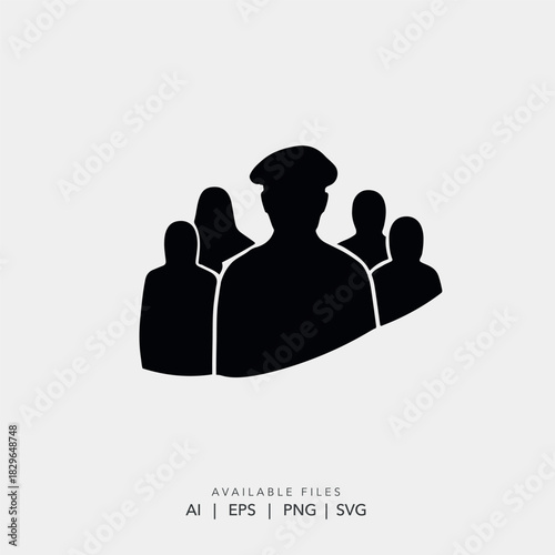 Police officer and security team silhouette icon, Black flat illustration of a military squad or security guard crew