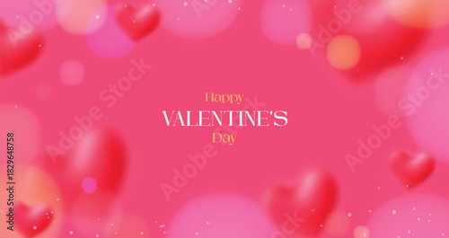 Abstract and blurry Valentine's Day background featuring 'Happy Valentine's Day' text, surrounded by soft bokeh lights and out-of-focus 3D hearts. Excellent for banner ads or social media greetings.