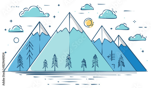 Stylized blue mountain range with evergreen trees and clouds under a bright sun