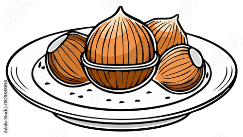 Sweet Marron Glaces on White Plate Artistic Food Illustration Gourmet Dessert Candied Chestnuts