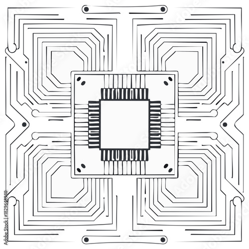 Hand drawn computer chip on a symmetrical circuit board schematic illustration
