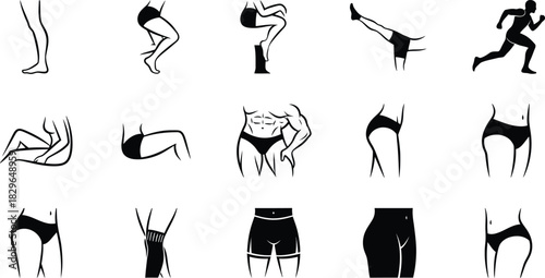 Human body parts silhouette collection legs thighs torso and running figure