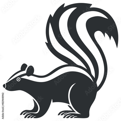 Stylized Black and White Skunk Illustration with Striped Tail Vector Graphic