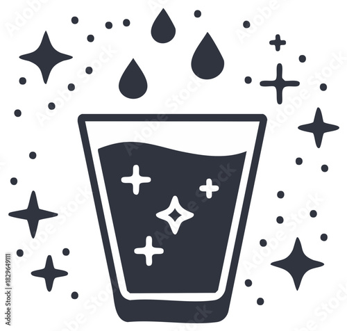 Refreshing water pouring into a glass with sparkling bubbles and stars