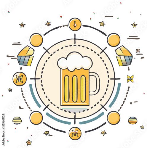 Conceptual beer festival illustration with a cartoon mug and abstract icons
