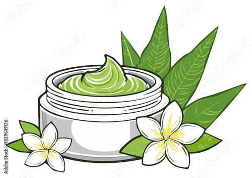 Green beauty cream in a jar with flowers and leaves
