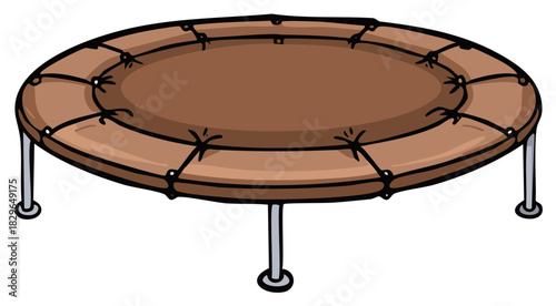 Round trampoline with brown jumping mat and metal legs isolated on white background