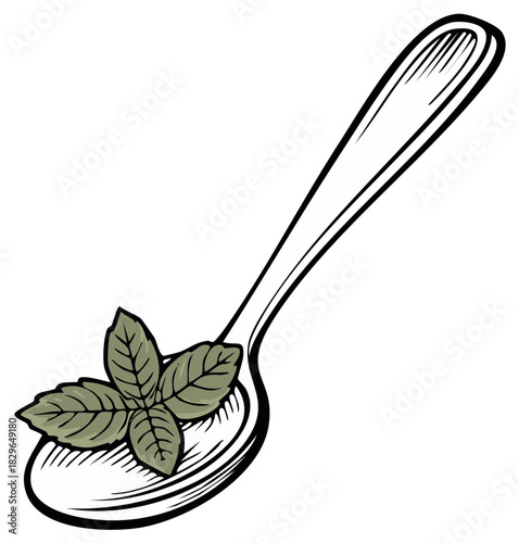 Stylized illustration of a spoon with fresh green aromatic basil leaves