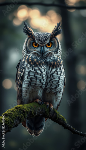 A majestic owl with piercing yellow eyes and a wise gaze perches on a moss-covered branch, set against a blurred forest backdrop.