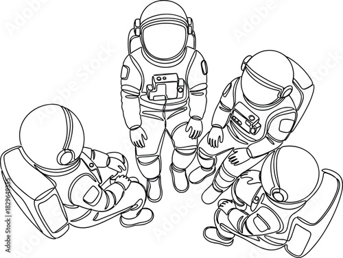 Continuous Line Art Vector of Four Astronauts in Space Suits Meeting Together from a Unique High-Angle Overhead Perspective for Teamwork and Exploration