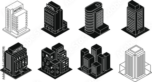 Isometric hotel and high-rise buildings, modern architecture design, urban skyline vector, grayscale building icons, city structure layout, black white architectural illustration