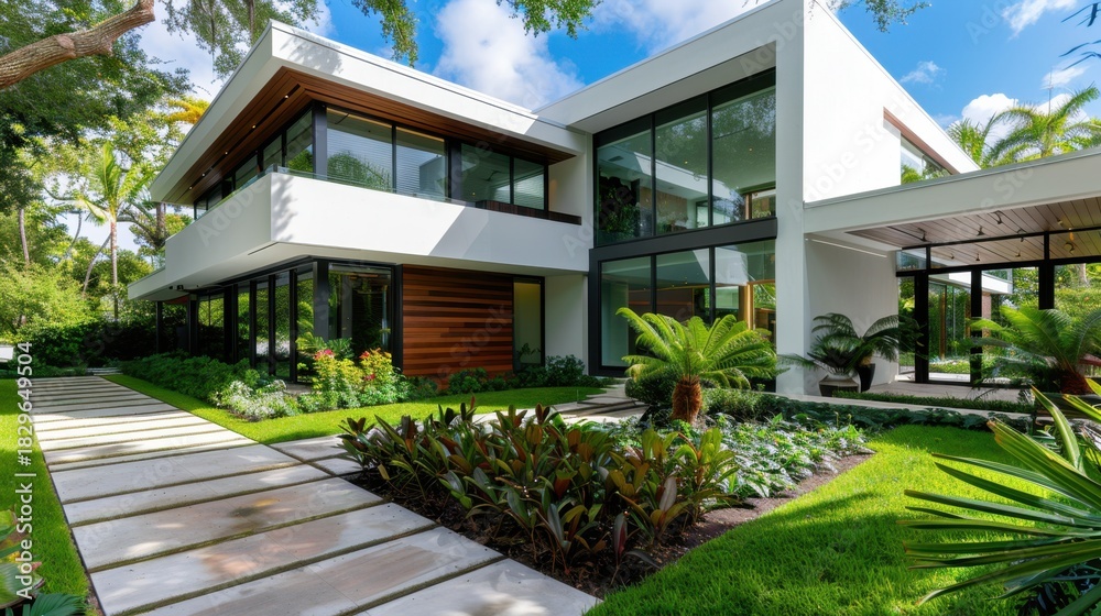 Fototapeta premium Modern Architectural Design of a Luxurious Home Surrounded by Lush Greenery and Inviting Pathways in Bright Natural Light