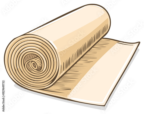 Rolled Fabric or Material, Light Beige Cloth with Sketch Style Outlines, Roll of Textile