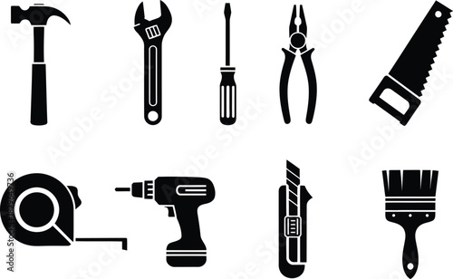 Set of black silhouette construction tools for home improvement and repair