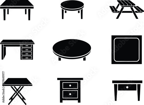 Set of black table silhouettes for furniture design and interior decor
