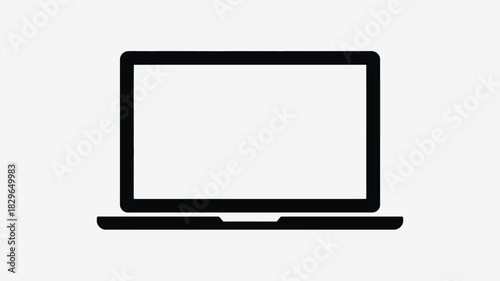 A simple black and white illustration of an open laptop computer on a plain white background space