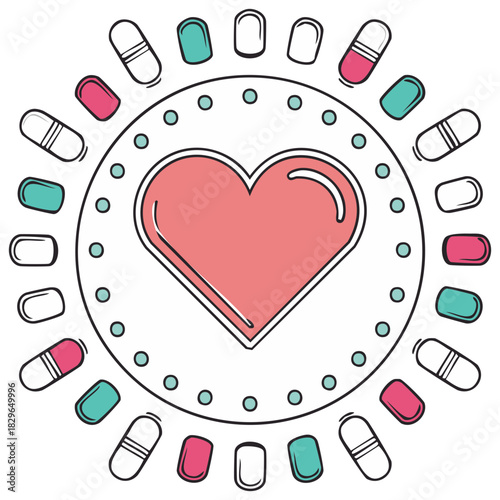 Heart health symbol with surrounding capsules and dots in a circular arrangement