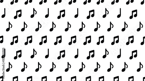 A repeating pattern of black musical notes on a white background creating a musical themed design look
