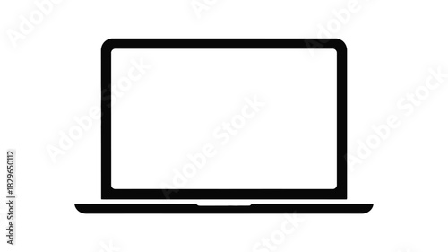 A minimalist black and white illustration of a laptop with a blank screen on a white background view front