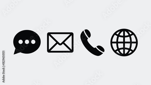 Black communication icons including chat bubble email telephone and globe on a light gray background