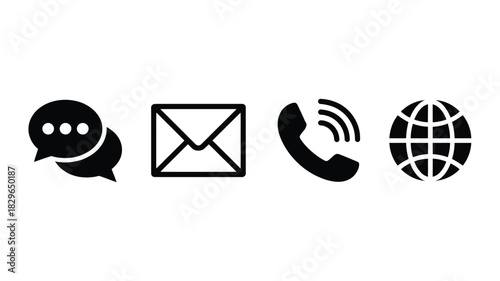 A collection of four black and white contact icons including a speech bubble, email, phone, and globe