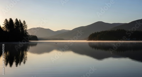 Tranquil lake at sunrise with mist and mountain reflections