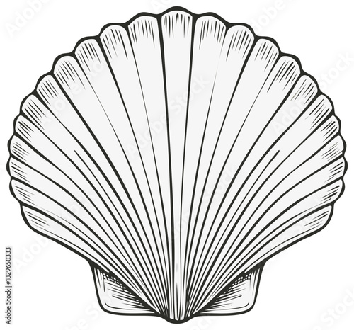 Detailed Line Drawing of a Scallop Shell Isolated on White