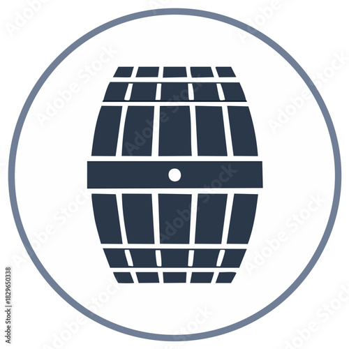 Wooden barrel graphic icon illustration within a blue circle shape.