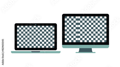 A laptop and a desktop computer with a checkerboard pattern on the screens side by side on white