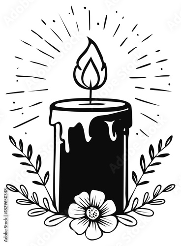 Decorative Black Candle with Floral Accents and Radiant Lines