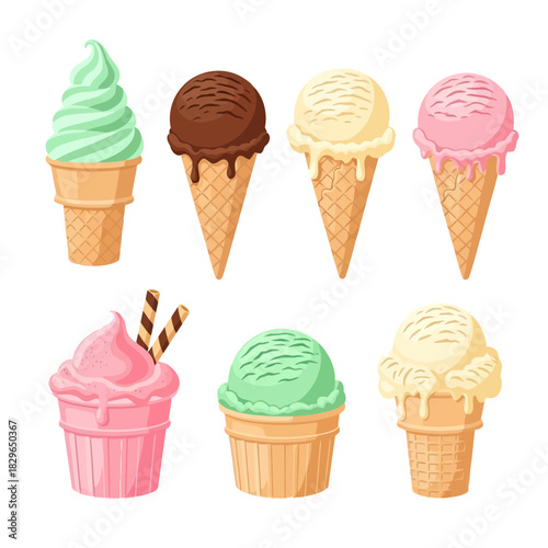 Colorful ice cream cones and cups with various flavors like chocolate, vanilla, and strawberry, isolated on