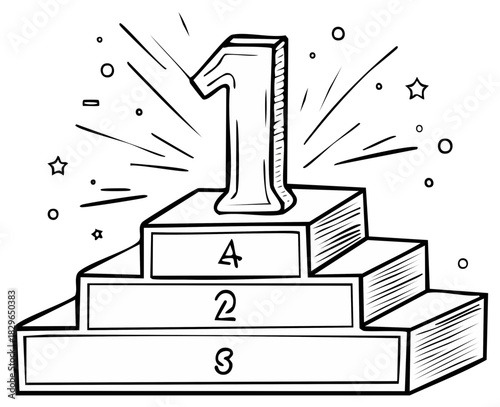 First place trophy on a winner's podium with award tiers and celebratory stars