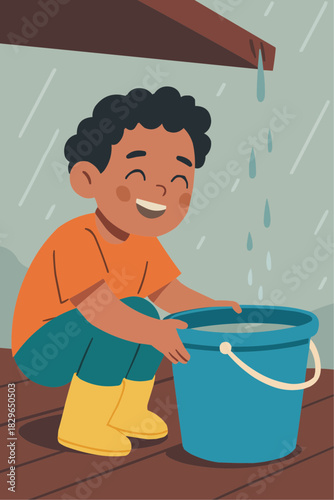 Child Collecting Rainwater in Bucket