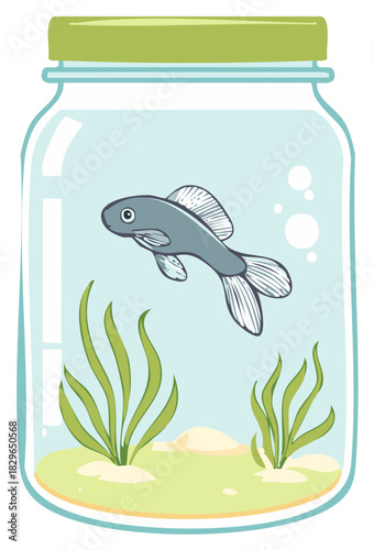 Cartoon fish inside a glass jar with underwater plants and bubbles