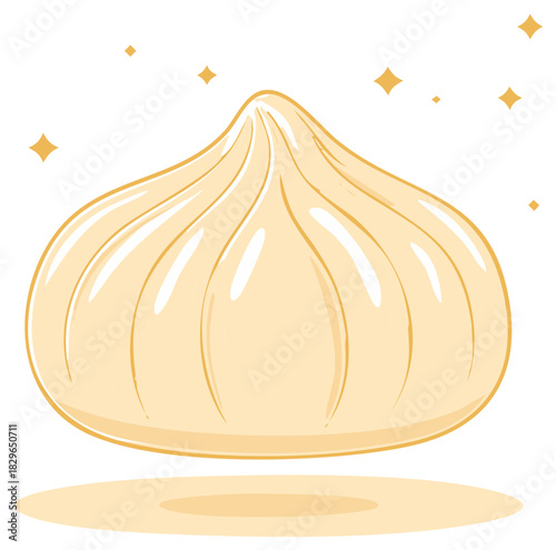 Steamed dumpling vector illustration, Asian food design, tasty meal, delicious culinary delight with shimmering stars.