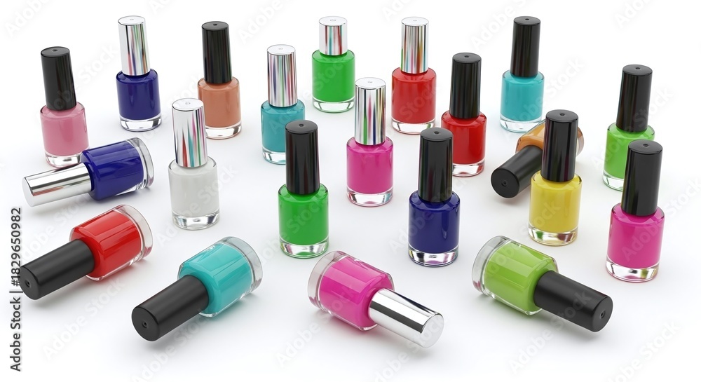 Obraz premium Assortment of colorful nail polish bottles scattered on a white surface