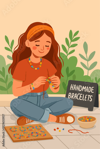 Girl Making Friendship Bracelets to Sell